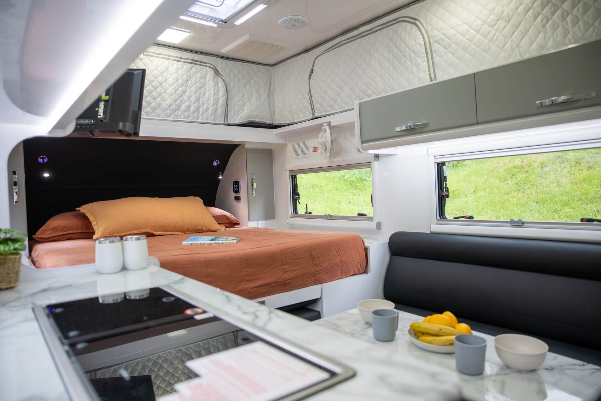 Interior kitchen of a Snowy River hybrid caravan