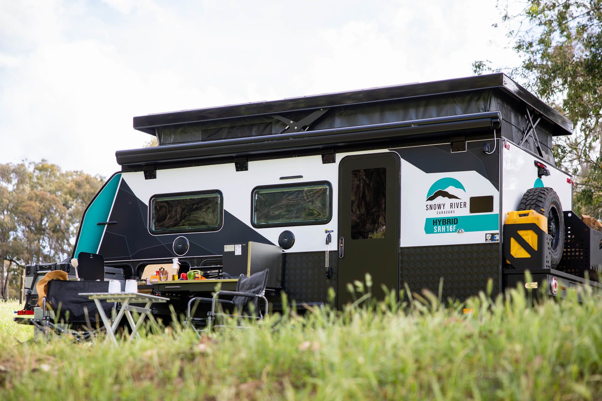 Exterior storage and bodywork of a Snowy River hybrid caravan