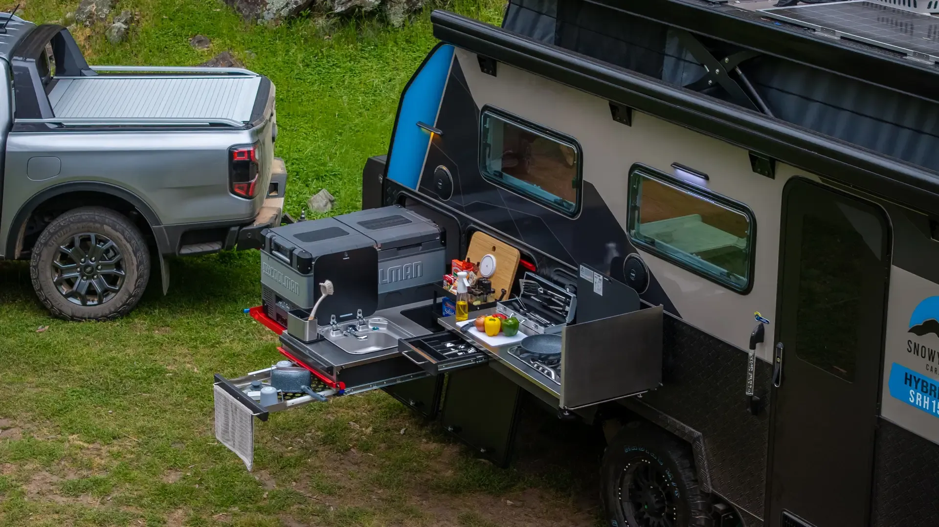 Snowy River hybrid caravan outdoor kitchen setup