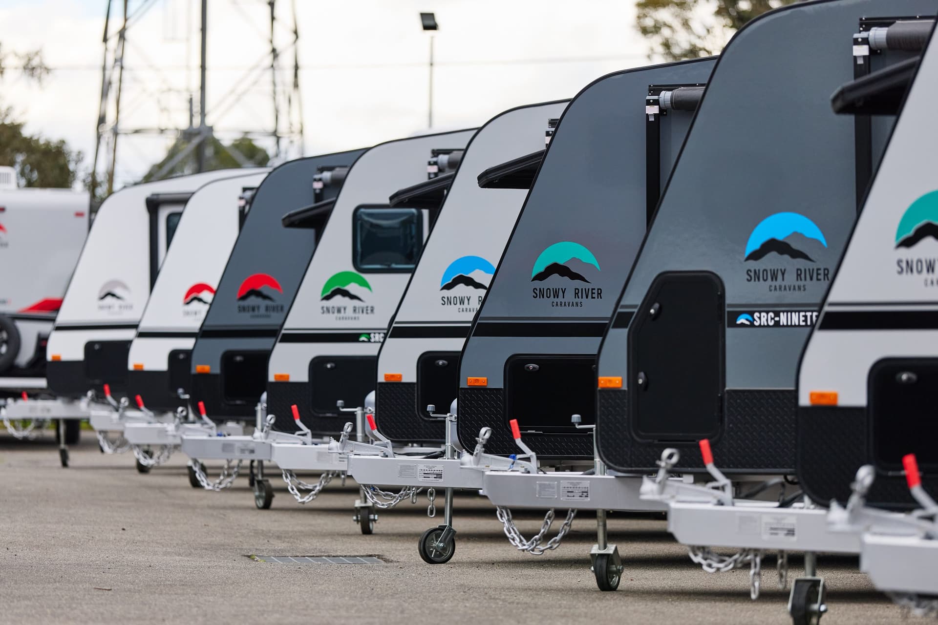 Snowy River caravans lined up at the Geelong dealership.